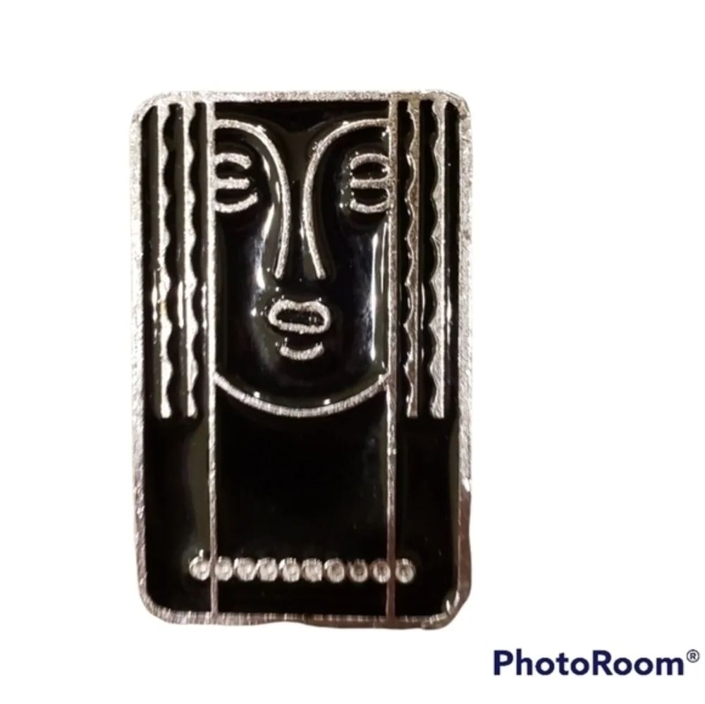 Vtg RITZ‎ Pewter Black Silver Enamel Woman Brooch/Pendant
